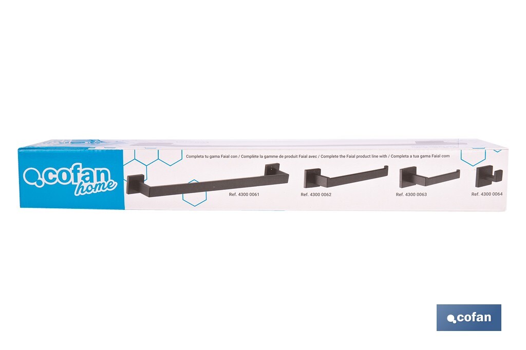 Toallero de baño negro mate | Material: acero inoxidable | Diseño cuadrado | Kit de fijación incluido | Medidas: 45 x 8 x 5,5 cm - Cofan