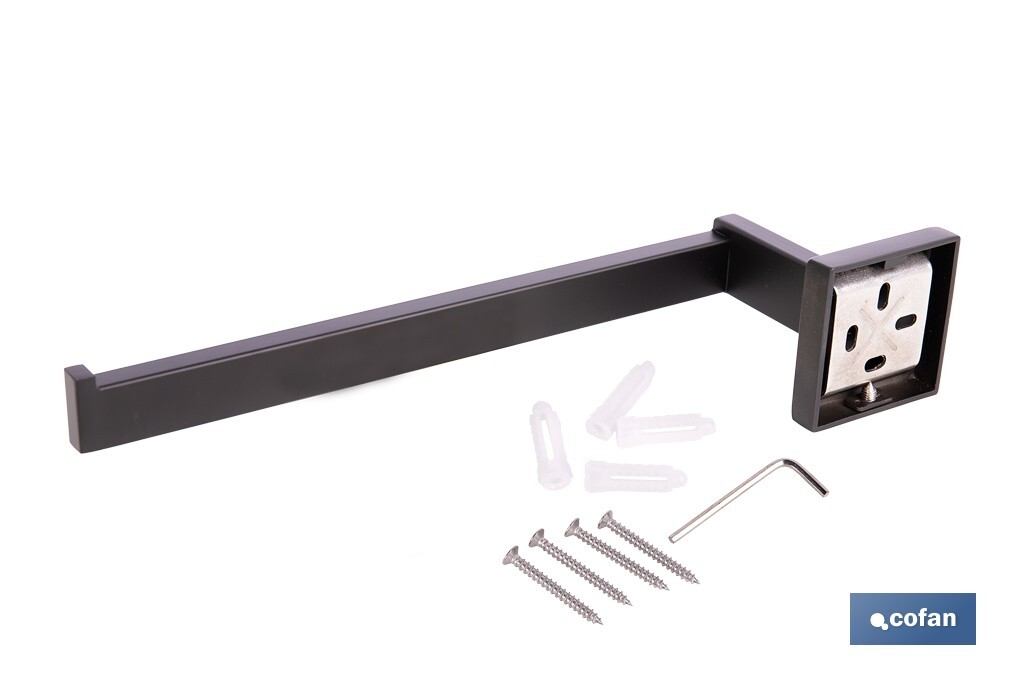 Toallero de baño negro mate | Material: acero inoxidable | Diseño cuadrado | Kit de fijación incluido | Medidas: 27 x 8 x 5,5 cm - Cofan