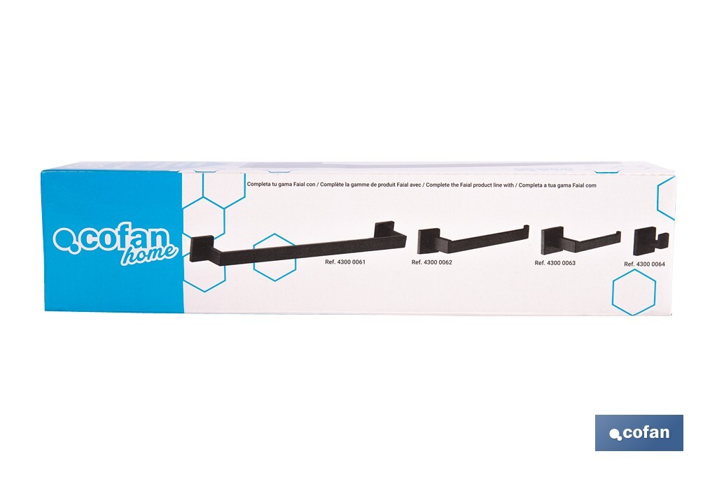 Toallero de baño negro mate | Material: acero inoxidable | Diseño cuadrado | Kit de fijación incluido | Medidas: 27 x 8 x 5,5 cm - Cofan
