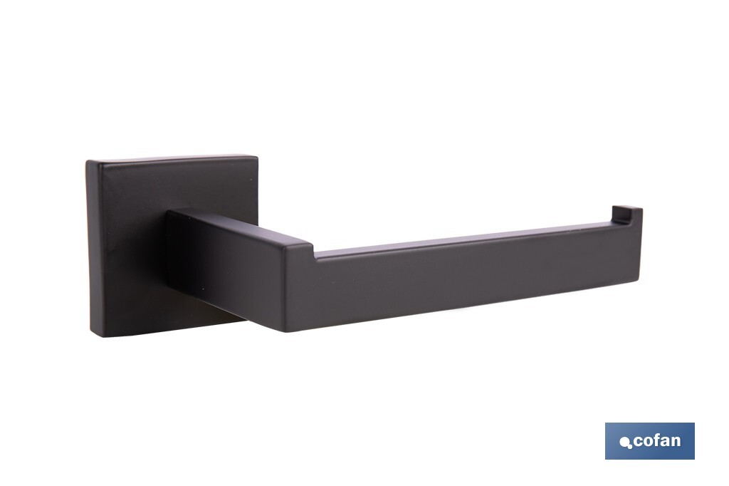 Portarrollos negro mate | Material: acero inoxidable | Diseño cuadrado | Kit de fijación incluido | Medidas: 16 x 8 x 5,5 cm - Cofan