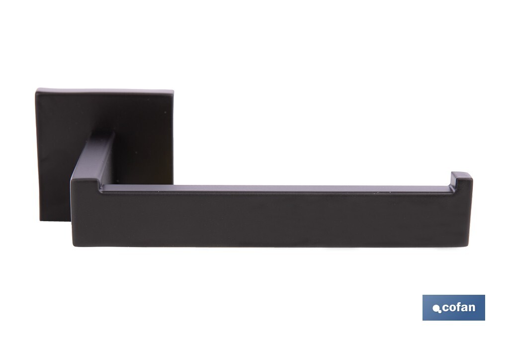 Portarrollos negro mate | Material: acero inoxidable | Diseño cuadrado | Kit de fijación incluido | Medidas: 16 x 8 x 5,5 cm - Cofan