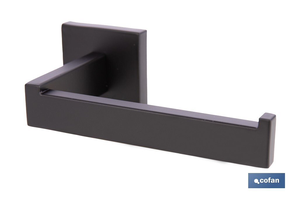 Portarrollos negro mate | Material: acero inoxidable | Diseño cuadrado | Kit de fijación incluido | Medidas: 16 x 8 x 5,5 cm - Cofan