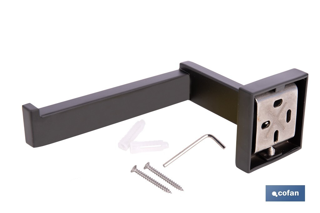 Portarrollos negro mate | Material: acero inoxidable | Diseño cuadrado | Kit de fijación incluido | Medidas: 16 x 8 x 5,5 cm - Cofan