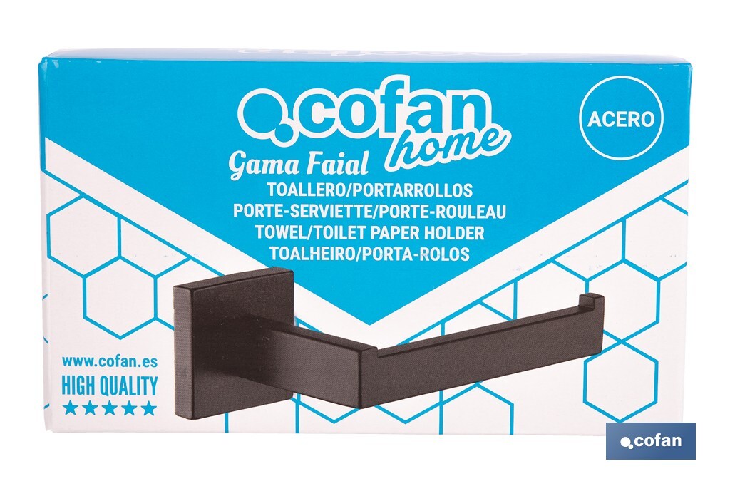 Portarrollos negro mate | Material: acero inoxidable | Diseño cuadrado | Kit de fijación incluido | Medidas: 16 x 8 x 5,5 cm - Cofan