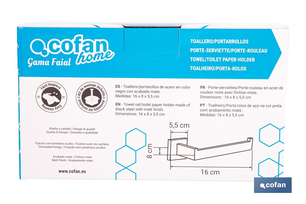 Portarrollos negro mate | Material: acero inoxidable | Diseño cuadrado | Kit de fijación incluido | Medidas: 16 x 8 x 5,5 cm - Cofan