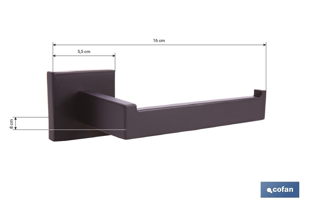 Portarrollos negro mate | Material: acero inoxidable | Diseño cuadrado | Kit de fijación incluido | Medidas: 16 x 8 x 5,5 cm - Cofan