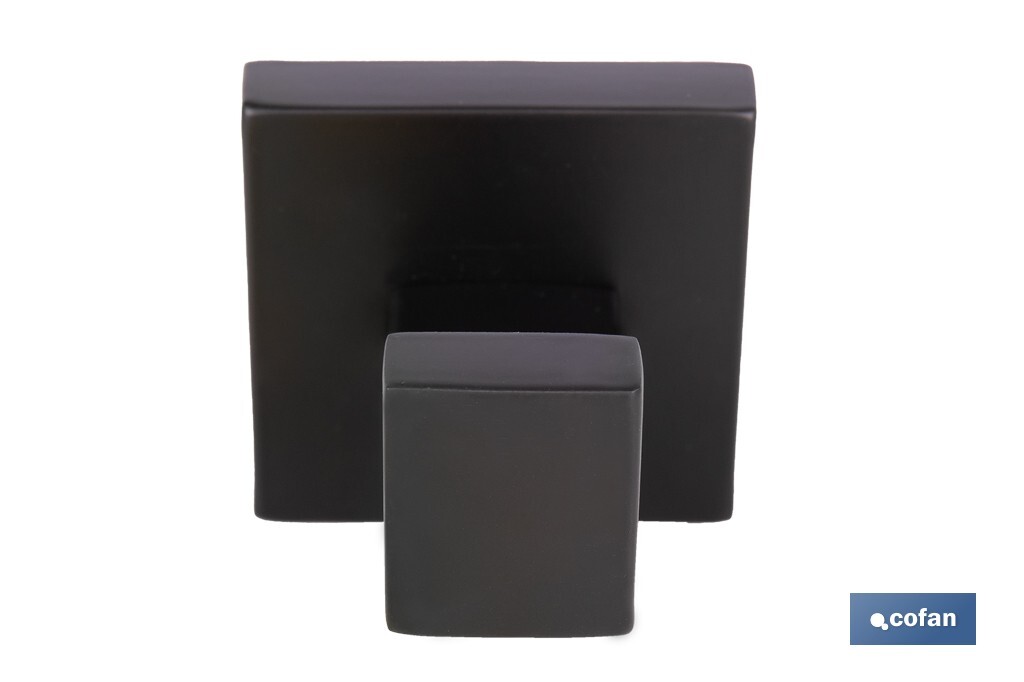 Percha negra mate | Material: acero inoxidable | Diseño cuadrado | Kit de fijación incluido | Medidas: 5,5 x 6 x 5,5 cm - Cofan