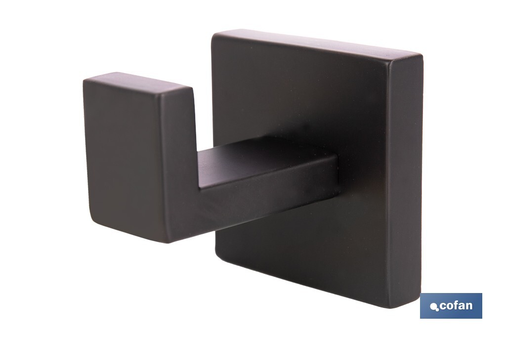 Percha negra mate | Material: acero inoxidable | Diseño cuadrado | Kit de fijación incluido | Medidas: 5,5 x 6 x 5,5 cm - Cofan