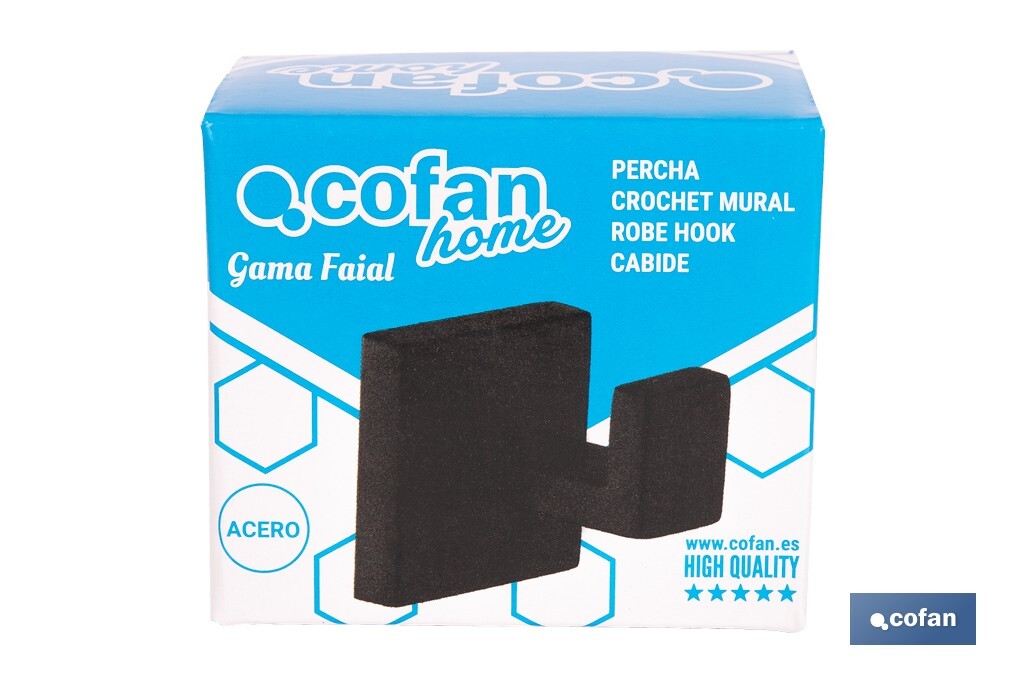 Percha negra mate | Material: acero inoxidable | Diseño cuadrado | Kit de fijación incluido | Medidas: 5,5 x 6 x 5,5 cm - Cofan