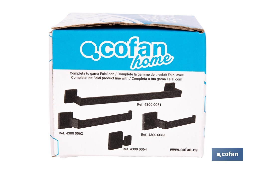 Percha negra mate | Material: acero inoxidable | Diseño cuadrado | Kit de fijación incluido | Medidas: 5,5 x 6 x 5,5 cm - Cofan