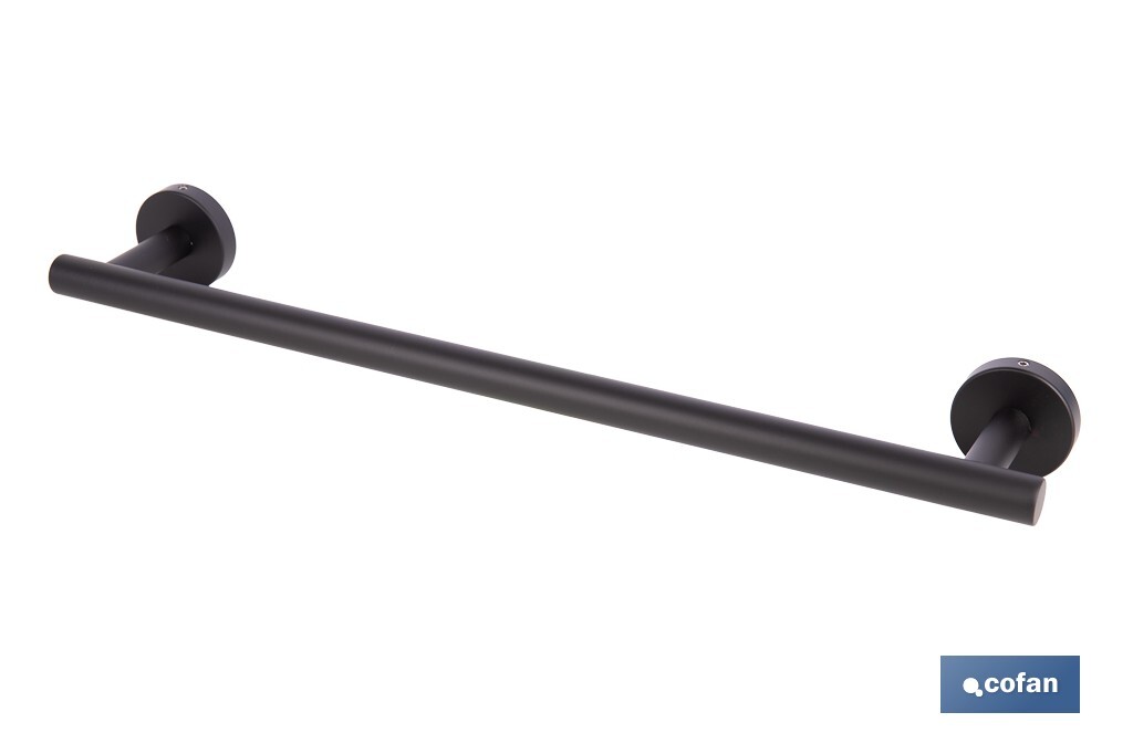 Toallero negro mate | Material: acero inoxidable | Diseño redondo | Kit de fijación incluido | Medidas: 45 x 8 x 5 cm - Cofan