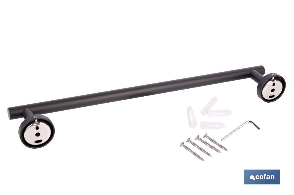 Toallero negro mate | Material: acero inoxidable | Diseño redondo | Kit de fijación incluido | Medidas: 45 x 8 x 5 cm - Cofan