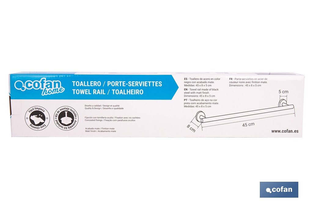 Toallero negro mate | Material: acero inoxidable | Diseño redondo | Kit de fijación incluido | Medidas: 45 x 8 x 5 cm - Cofan