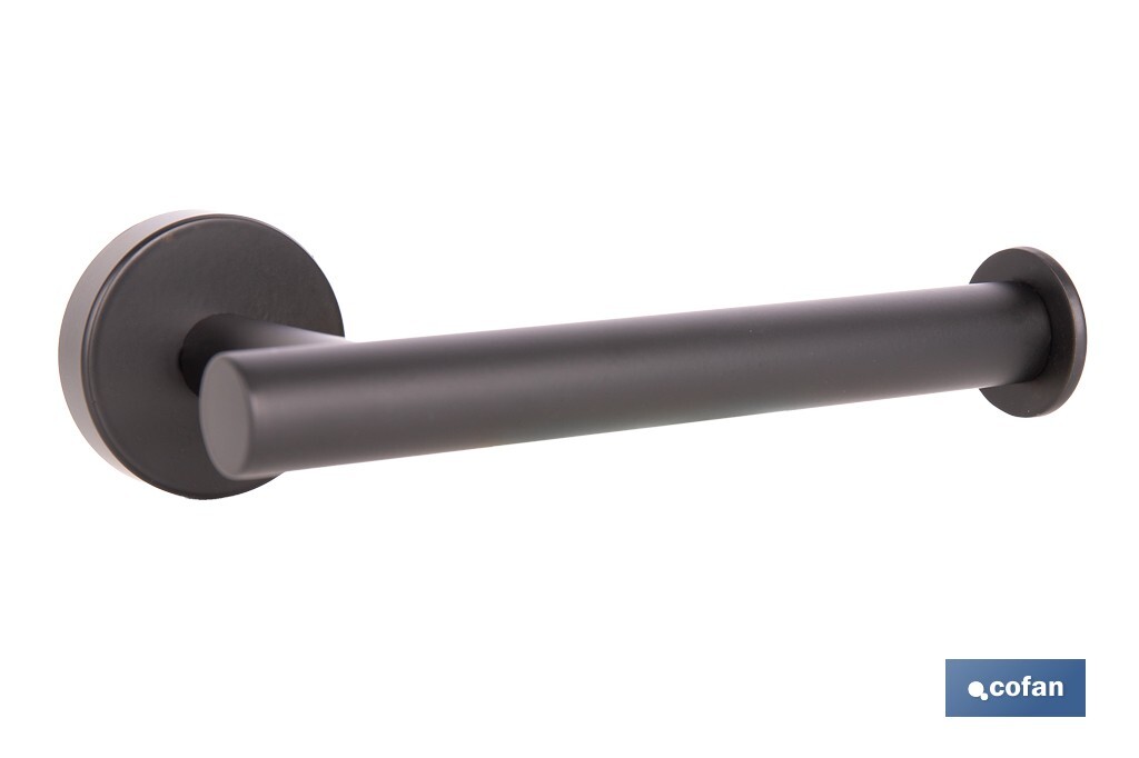Portarrollos negro mate | Material: acero inoxidable | Diseño redondo | Kit de fijación incluido | Medidas: 16,5 x 8 x 5 cm - Cofan
