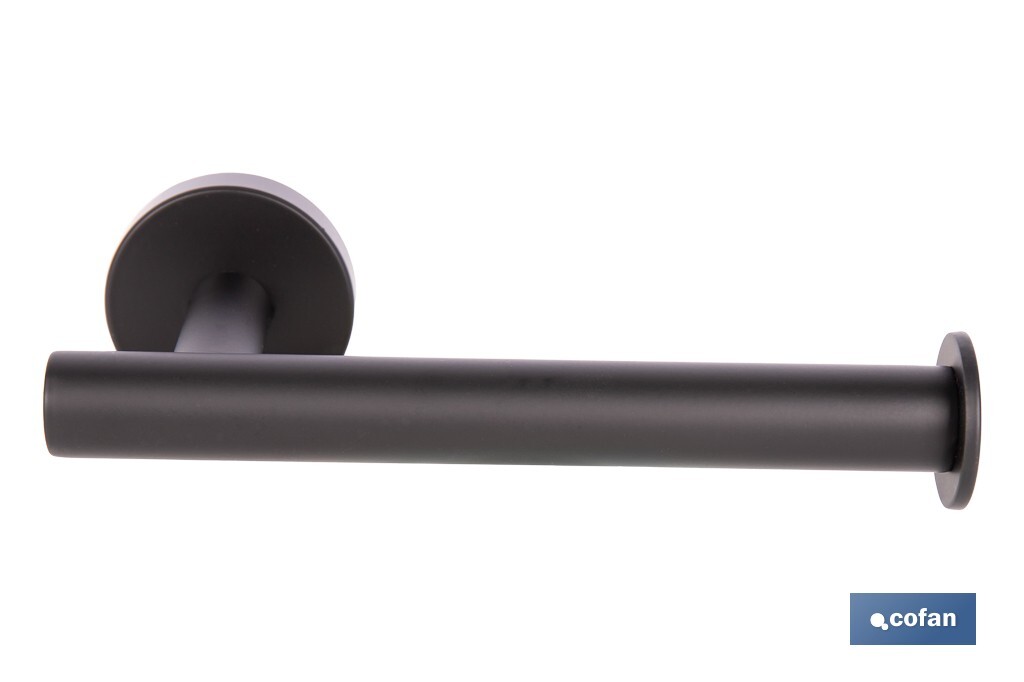 Portarrollos negro mate | Material: acero inoxidable | Diseño redondo | Kit de fijación incluido | Medidas: 16,5 x 8 x 5 cm - Cofan