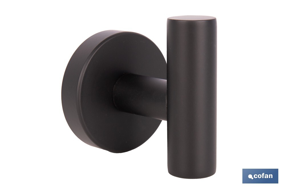 Percha negra mate | Material: acero inoxidable | Diseño redondo | Kit de fijación incluido | Medidas: 5 x 5 x 6 cm - Cofan