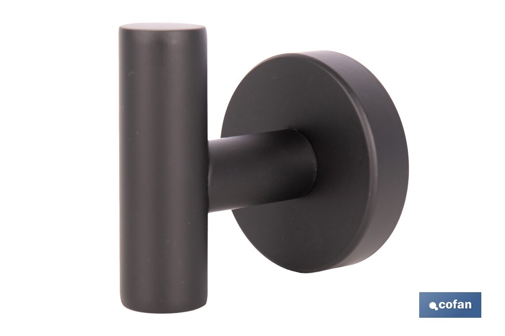 Percha negra mate | Material: acero inoxidable | Diseño redondo | Kit de fijación incluido | Medidas: 5 x 5 x 6 cm - Cofan