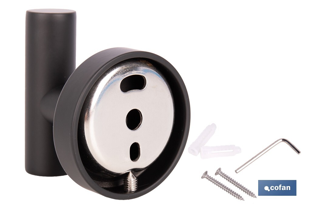 Percha negra mate | Material: acero inoxidable | Diseño redondo | Kit de fijación incluido | Medidas: 5 x 5 x 6 cm - Cofan