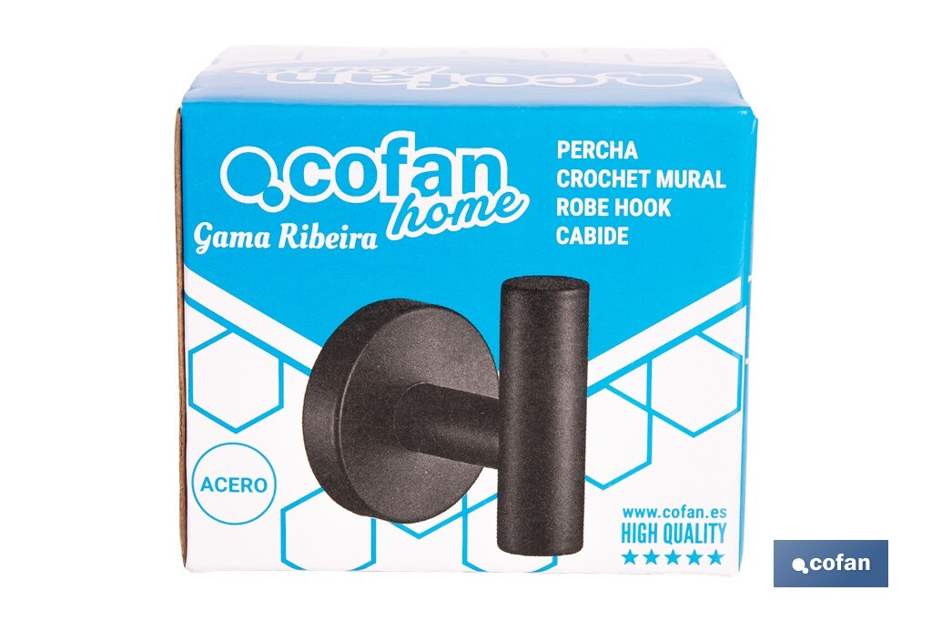 Percha negra mate | Material: acero inoxidable | Diseño redondo | Kit de fijación incluido | Medidas: 5 x 5 x 6 cm - Cofan