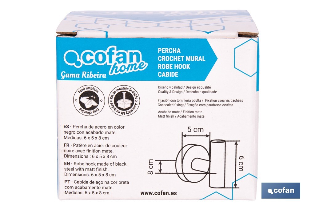 Percha negra mate | Material: acero inoxidable | Diseño redondo | Kit de fijación incluido | Medidas: 5 x 5 x 6 cm - Cofan