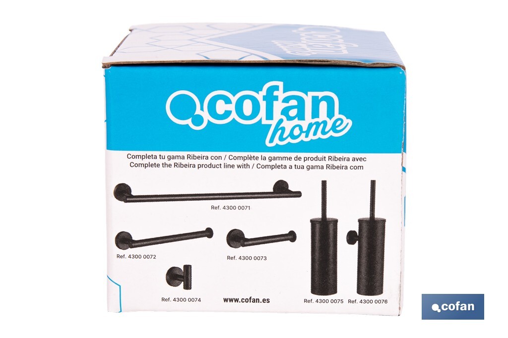 Percha negra mate | Material: acero inoxidable | Diseño redondo | Kit de fijación incluido | Medidas: 5 x 5 x 6 cm - Cofan
