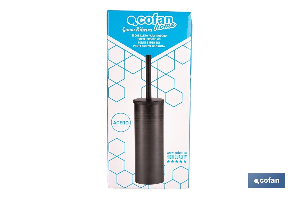 Escobillero de baño negro mate | Material: acero inoxidable | Diseño redondo | Medidas: 9,1 x 9,1 x 39 cm - Cofan