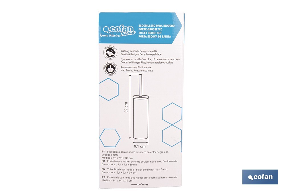 Escobillero de baño negro mate | Material: acero inoxidable | Diseño redondo | Medidas: 9,1 x 9,1 x 39 cm - Cofan