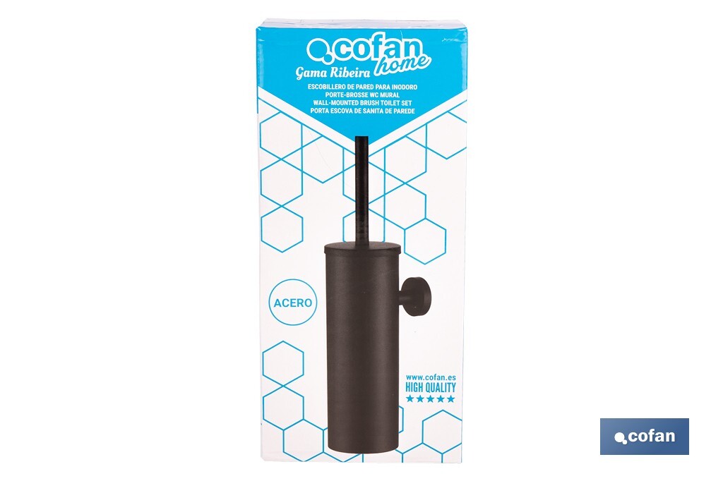Escobillero de pared negro mate | Material: acero inoxidable | Diseño redondo | Medidas: 9,1 x 12,9 x 39 cm - Cofan