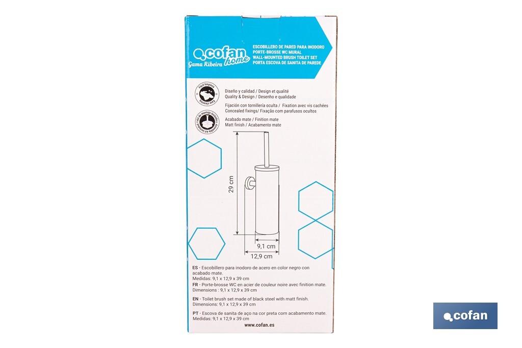 Escobillero de pared negro mate | Material: acero inoxidable | Diseño redondo | Medidas: 9,1 x 12,9 x 39 cm - Cofan