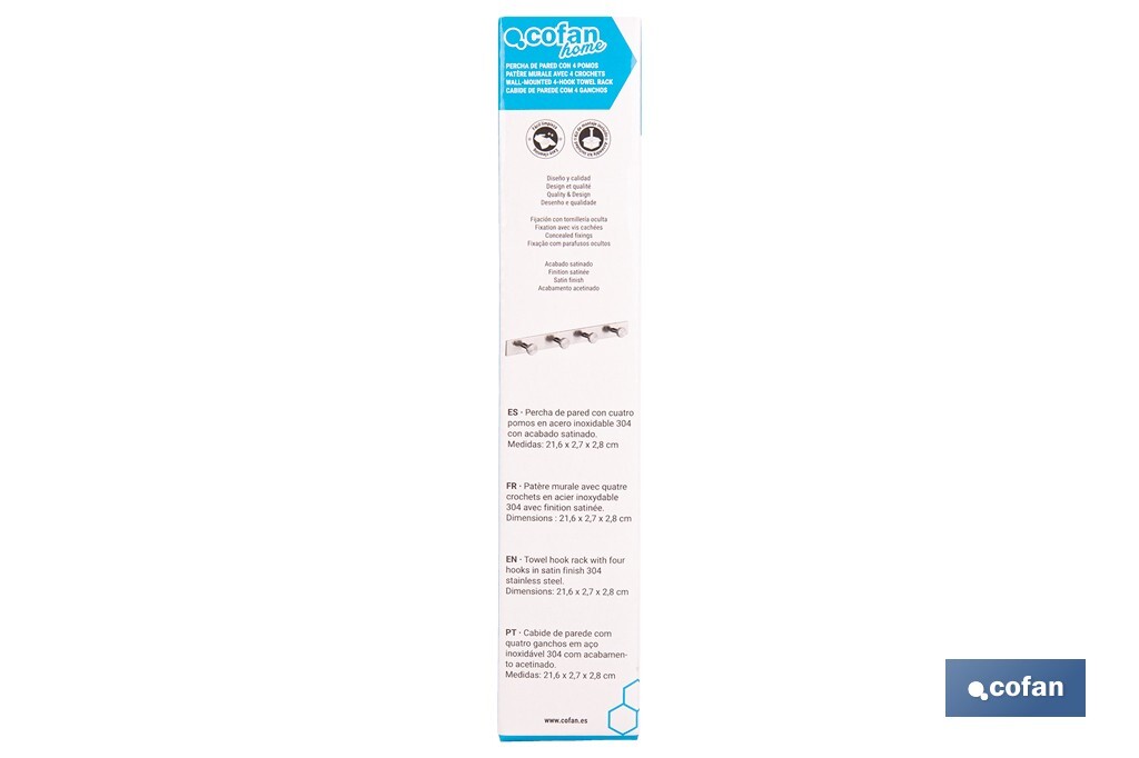 Perchero de pared | Material: acero inoxidable 304 | Acabado: satinado | Disponible con diferentes colgadores - Cofan