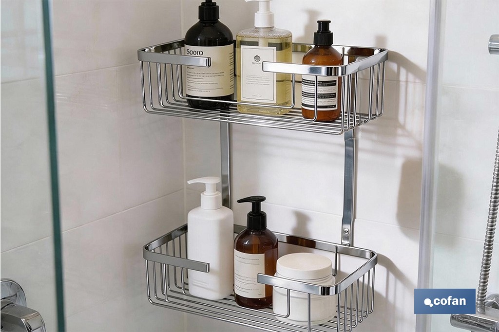Cesta de ducha doble para baño | Organizador daño con fijación a pared | Disponible en 2 acabados - Cofan