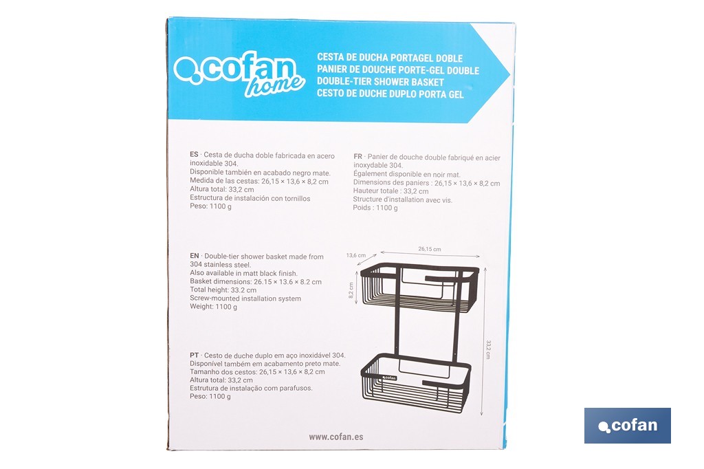 Cesta de ducha doble para baño | Organizador daño con fijación a pared | Disponible en 2 acabados - Cofan