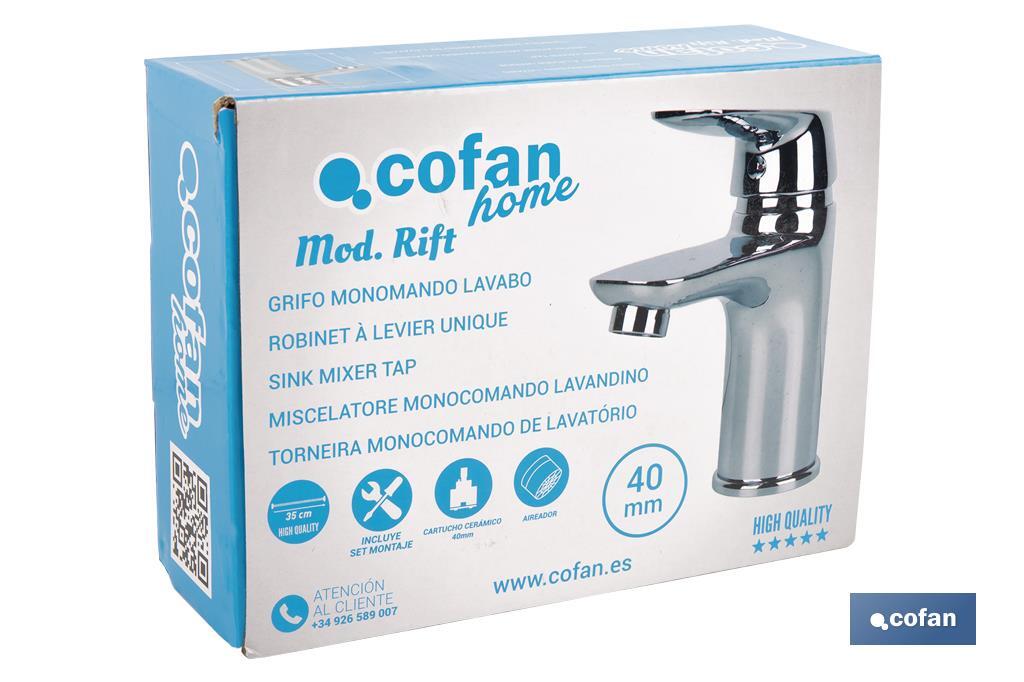 Miscelatore per lavabo | Monocomando | Dimensioni: 40 mm | Modello Rift | Realizzato in ottone con rifiniture cromate e manopola in lega di zinco - Cofan