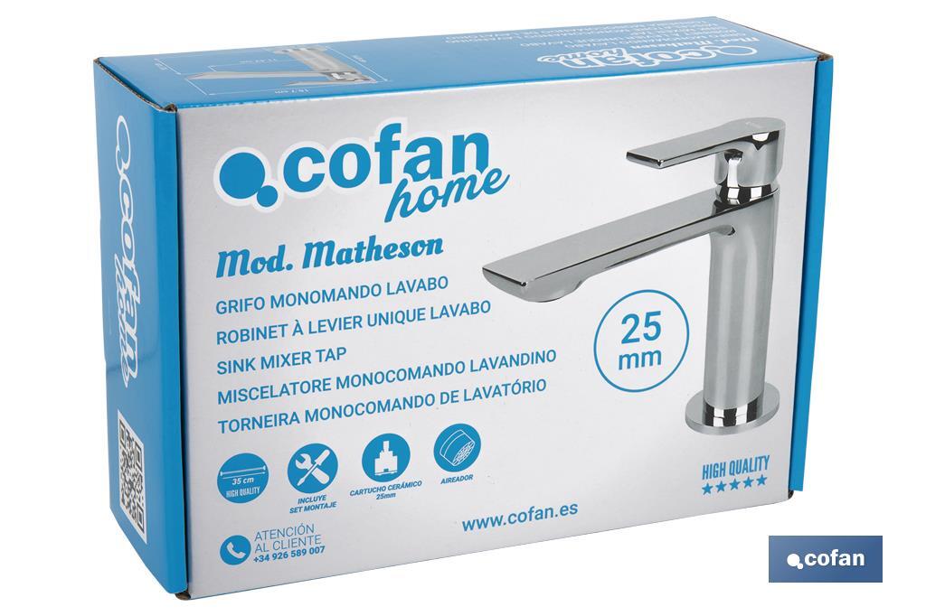 Miscelatore per lavabo monocomando | Dimensioni: 25 mm | Modello Matheson | Realizzato in ottone con rifiniture cromate - Cofan