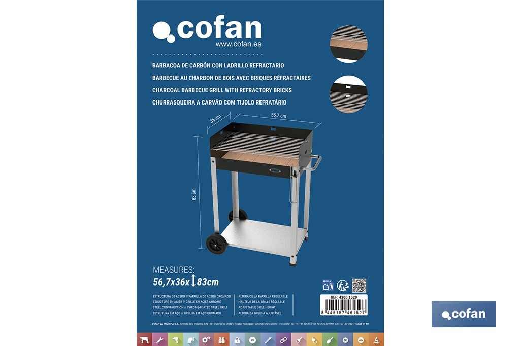 Barbacoa de carbón con ruedas | Parrilla regulable | Ladrillo refractario | Fácil de transportar y estable | Medidas: 56,7 x 36 x 83 cm - Cofan