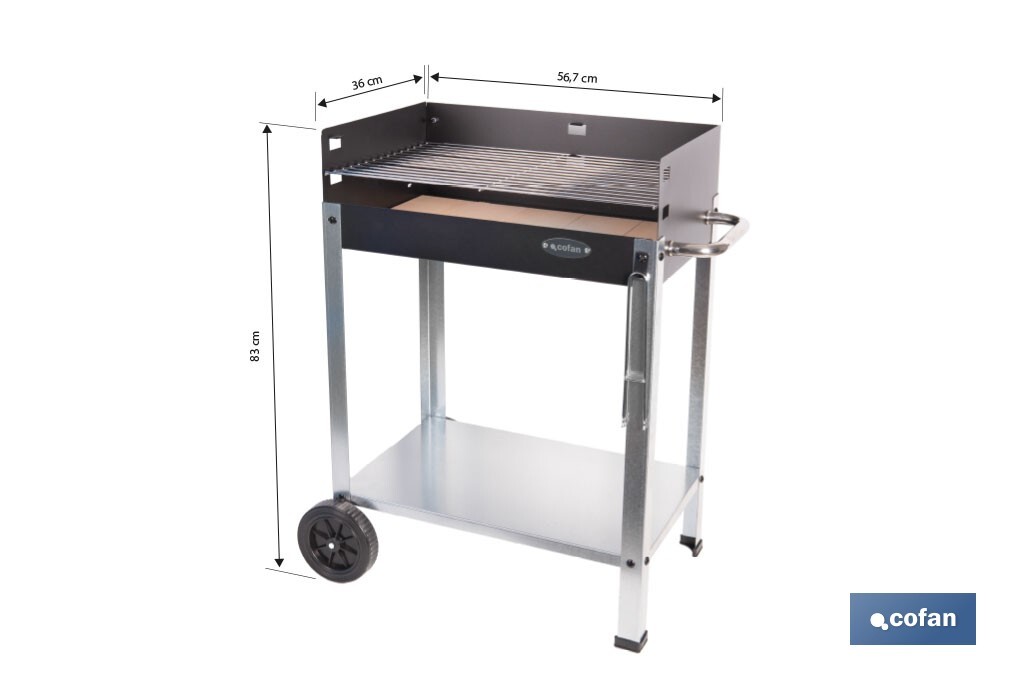 Barbacoa de carbón con ruedas | Parrilla regulable | Ladrillo refractario | Fácil de transportar y estable | Medidas: 56,7 x 36 x 83 cm - Cofan