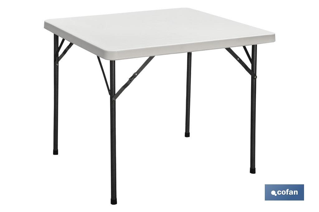 Table pliante carrée de couleur blanche | Poids maximal : 120 kg | Appropriée pour 6 personnes | Dimensions ouverte : 88 x 88 x 74 cm  - Cofan