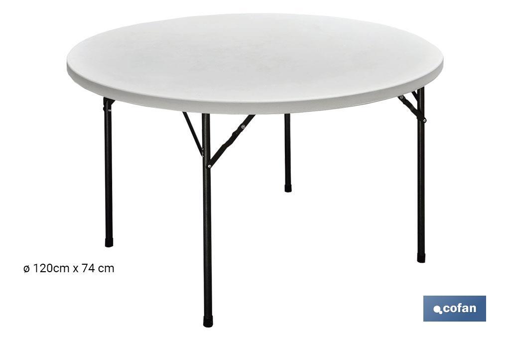 Mesa redonda dobrável de cor branca | Peso máximo: 150 kg | Adequada para 8 pessoas | Dimensões: Ø120 x 74 cm  - Cofan