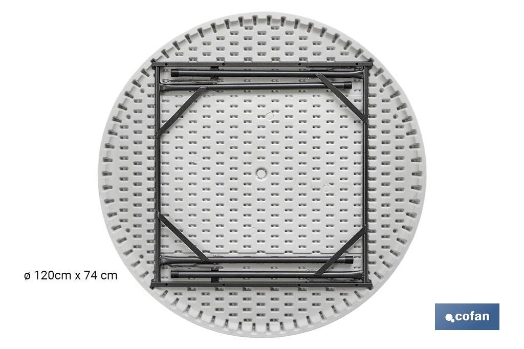 Mesa plegable redonda de color blanco | Peso máximo: 150 kg | Adecuada para 8 personas | Medidas abierta: Ø120 x 74 cm - Cofan