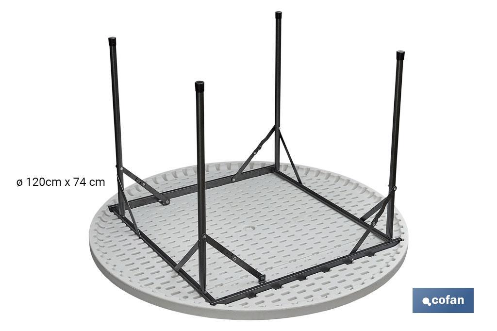 Mesa plegable redonda de color blanco | Peso máximo: 150 kg | Adecuada para 8 personas | Medidas abierta: Ø120 x 74 cm - Cofan