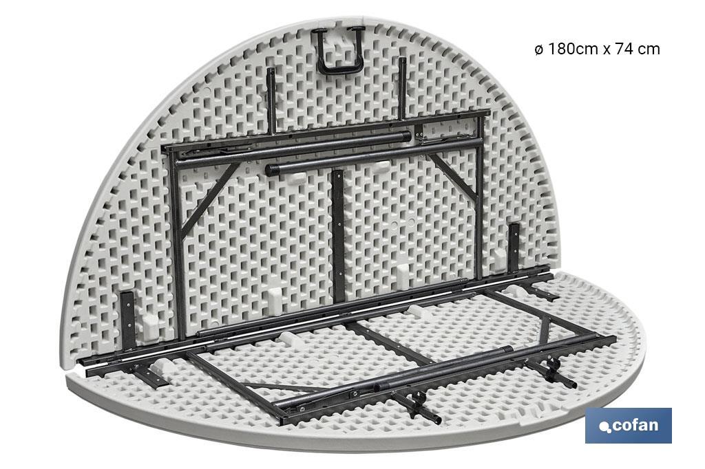 Mesa redonda dobrável de cor branca | Peso máximo: 150 kg | Adequada para 10 pessoas | Dimensões: Ø180 x 74 cm  - Cofan