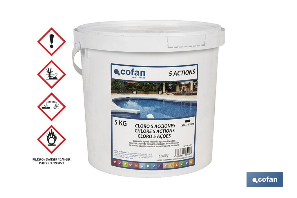 Cloro 5 Acciones para piscinas | Tabletas de 200 gramos | Envases de 5 kilos - Cofan