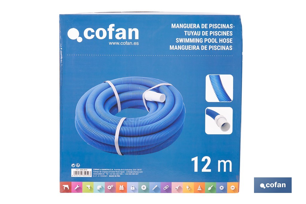 Manguera Autoflotante para Piscina Azul | Con Ø 3,8 cm de diámetro y 12 metros | Con 2 terminales - Cofan