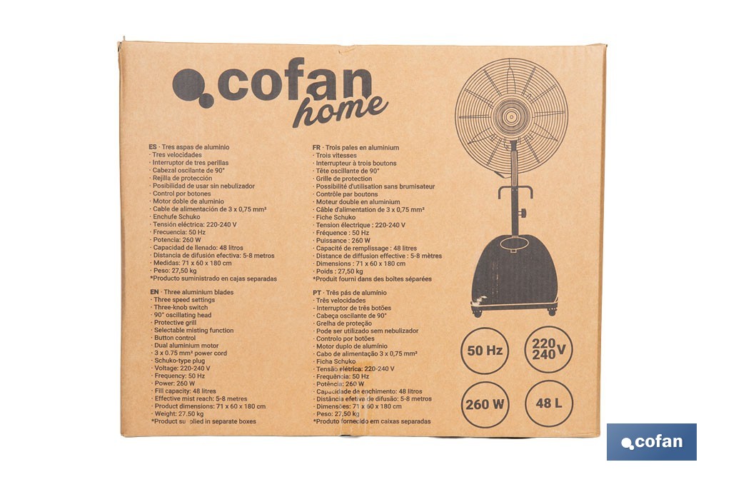 Ventilador industrial de pie con nebulizador | Depósito de 48 litros, 3 velocidades | Oscilación 90° y 3 aspas de aluminio - Cofan