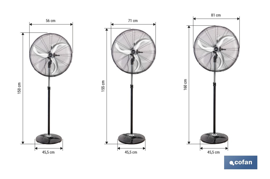 Ventilador de pie industrial con 3 velocidades | 3 aspas de aluminio con forma de banana y función de oscilación | Disponible en diferentes medidas y potencias - Cofan
