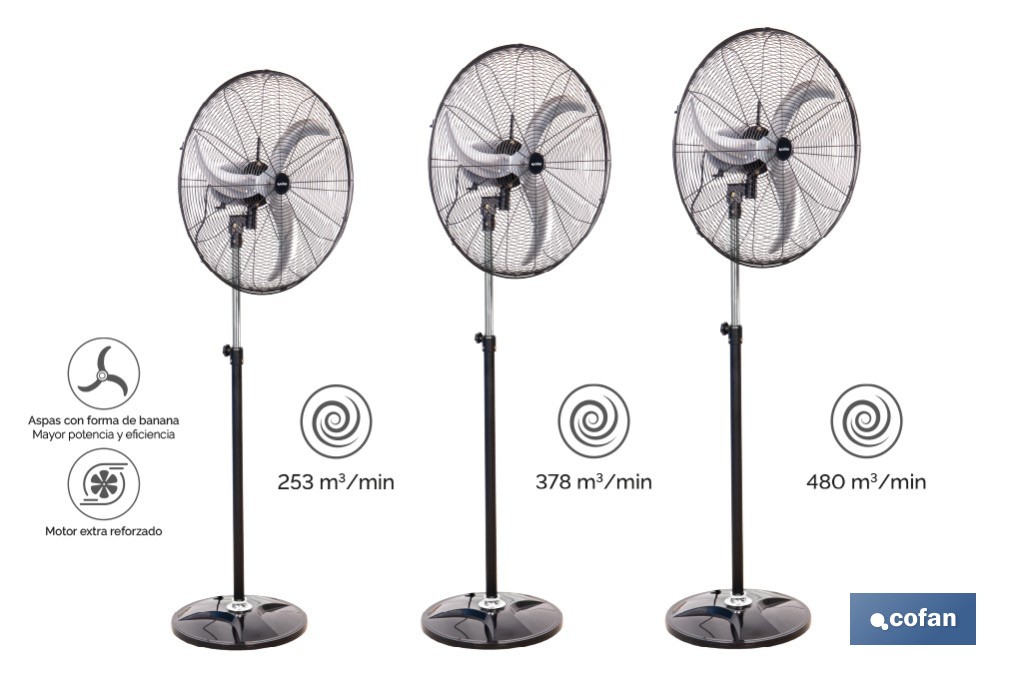 Ventilador de pie industrial con 3 velocidades | 3 aspas de aluminio con forma de banana y función de oscilación | Disponible en diferentes medidas y potencias - Cofan