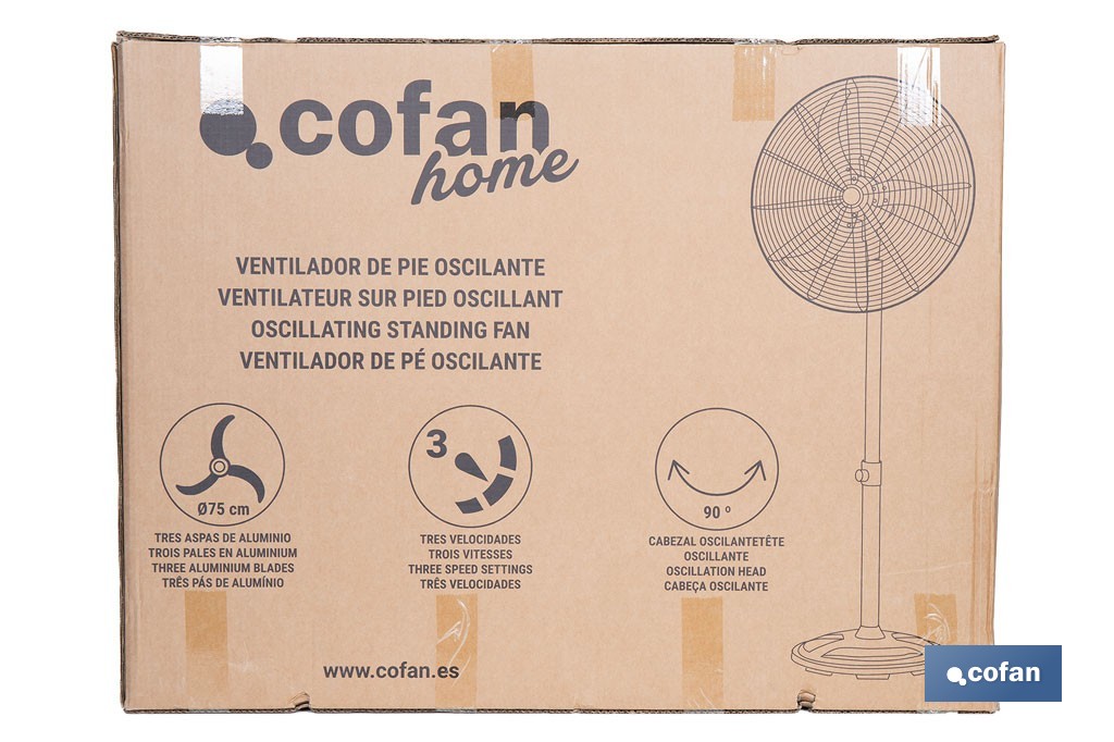 Ventilador de pie industrial con 3 velocidades | 3 aspas de aluminio, función de oscilación | Disponible en diferentes medidas y potencias - Cofan