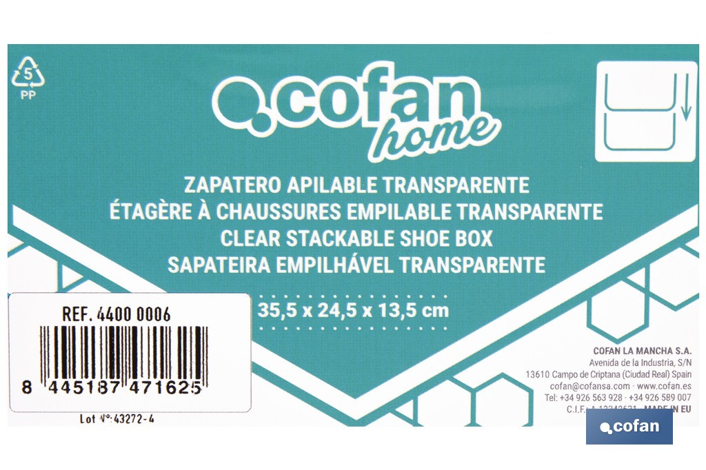 Zapatero apilable transparente | Organizador de zapatos | Medidas: 35,5 x 24,5 x 13,5 cm - Cofan