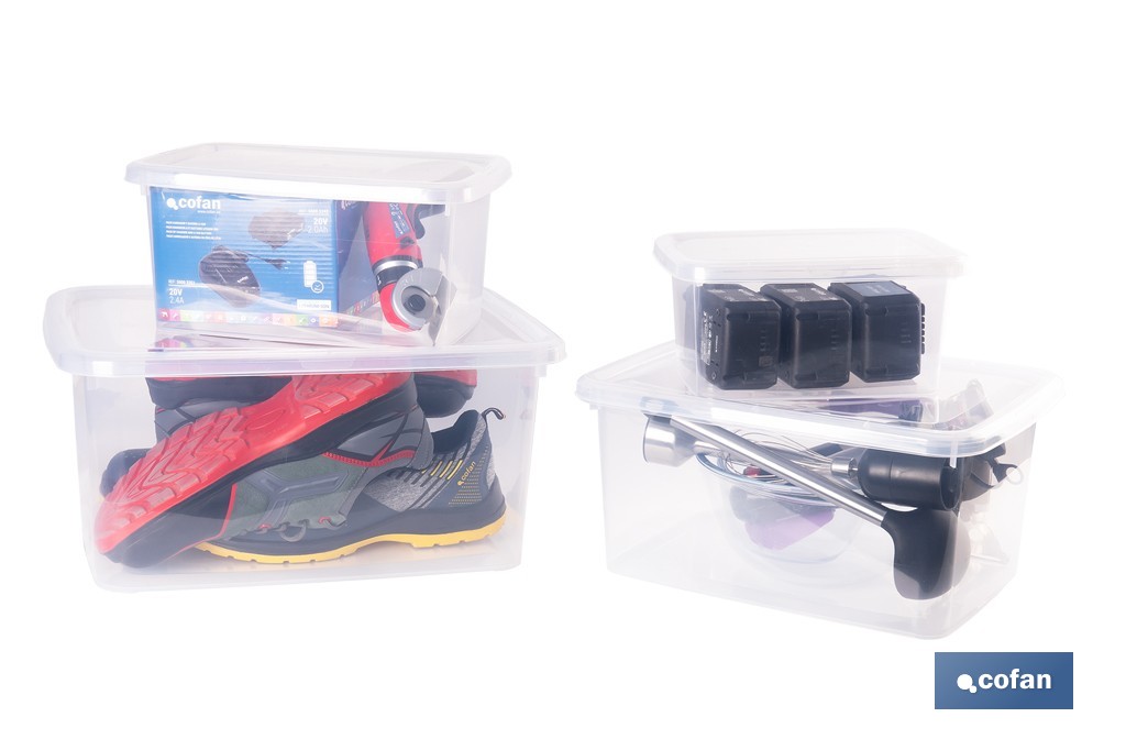 Pack de 4 cajas de almacenaje transparentes con tapa | Capacidades de 4, 8, 15 y 26 litros - Cofan