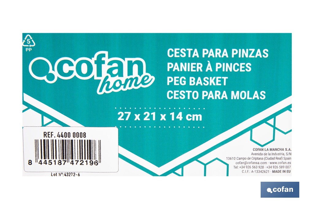 Cesta para pinzas de ropa con colgador | Almacenamiento para colada | Disponible en diferentes colores - Cofan